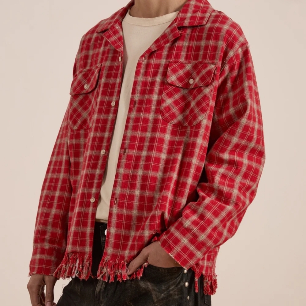 NWT Found x Free People Unisex Raw Cut Fringe Red Plaid Camp Shirt XS